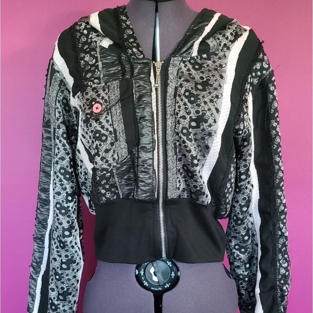 OOAK Pink & Black Lace Lolita crop Hoodie Jacket